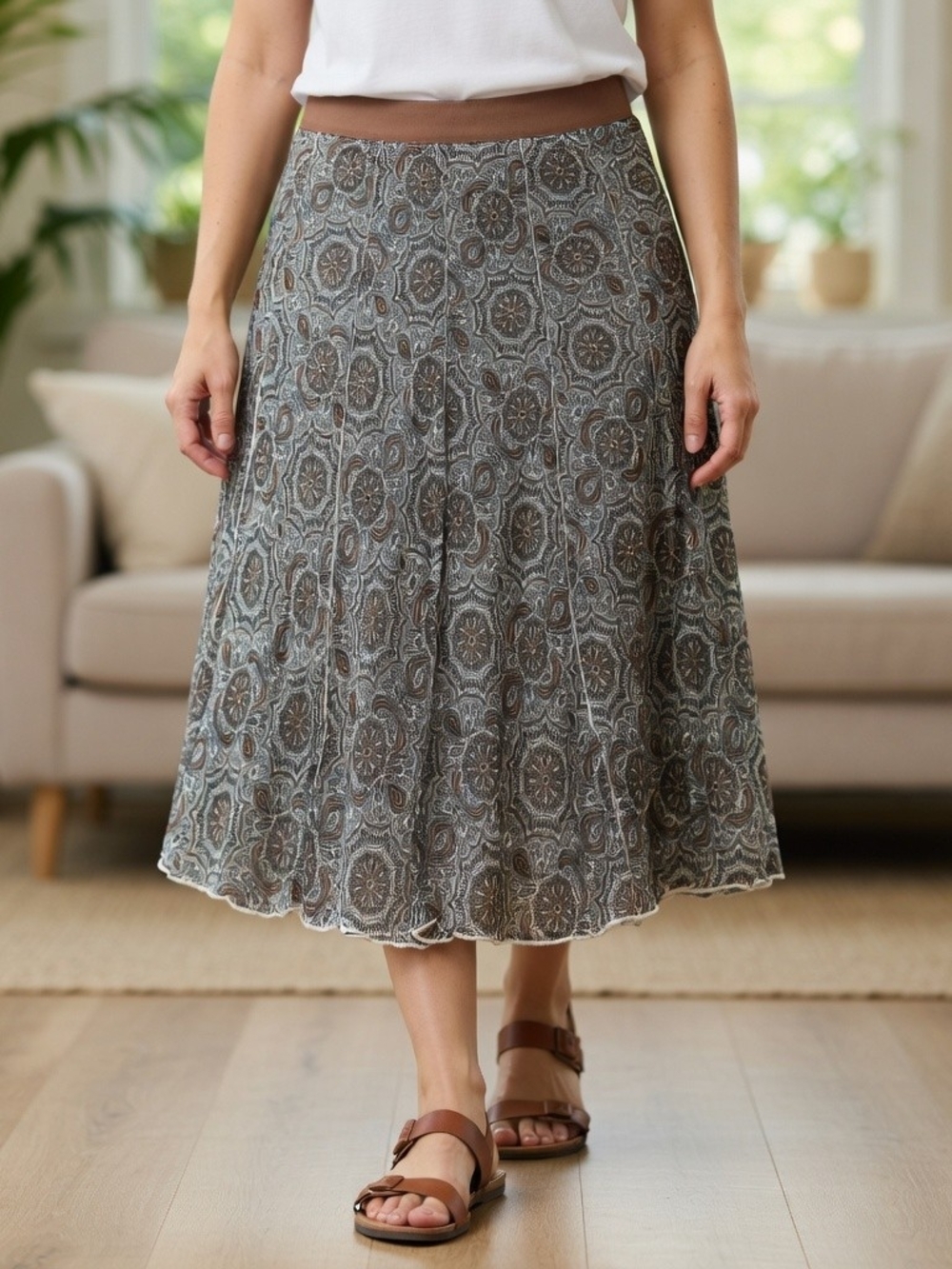 Lapis Women's Brown And Cream Patterned A-Line Skirt Size M